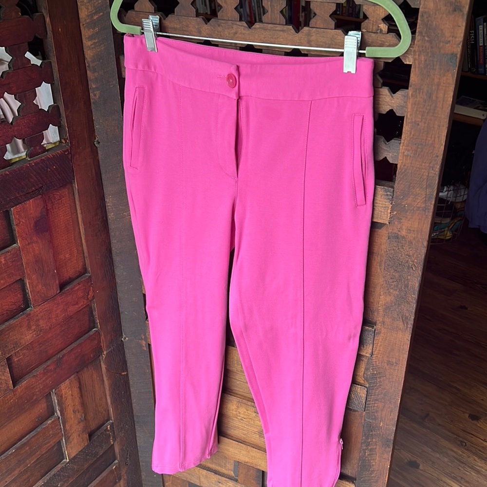Pink, medium, Betabrand ankle pants with pockets on the front.
